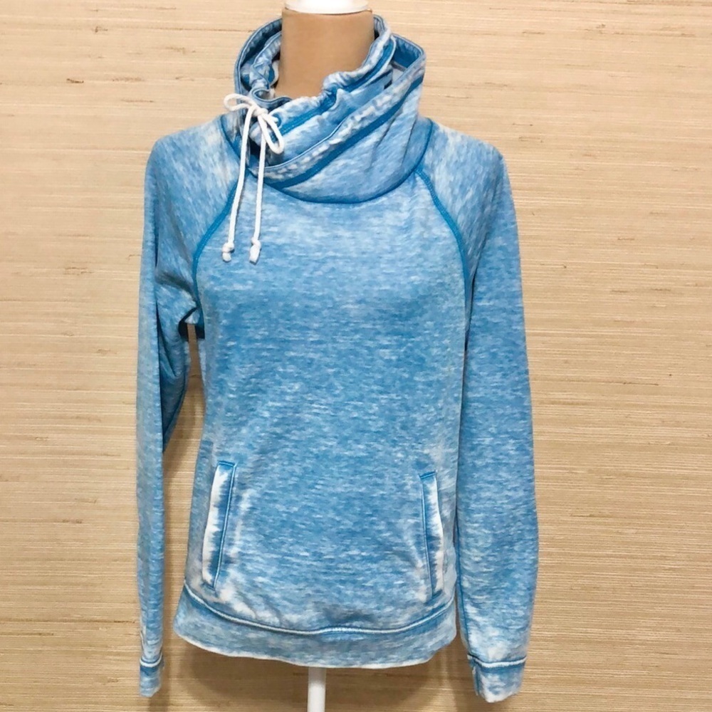 Reebok Sky Blue Distressed Drawstring Cowl Neck Pullover Sweatshirt size Small
